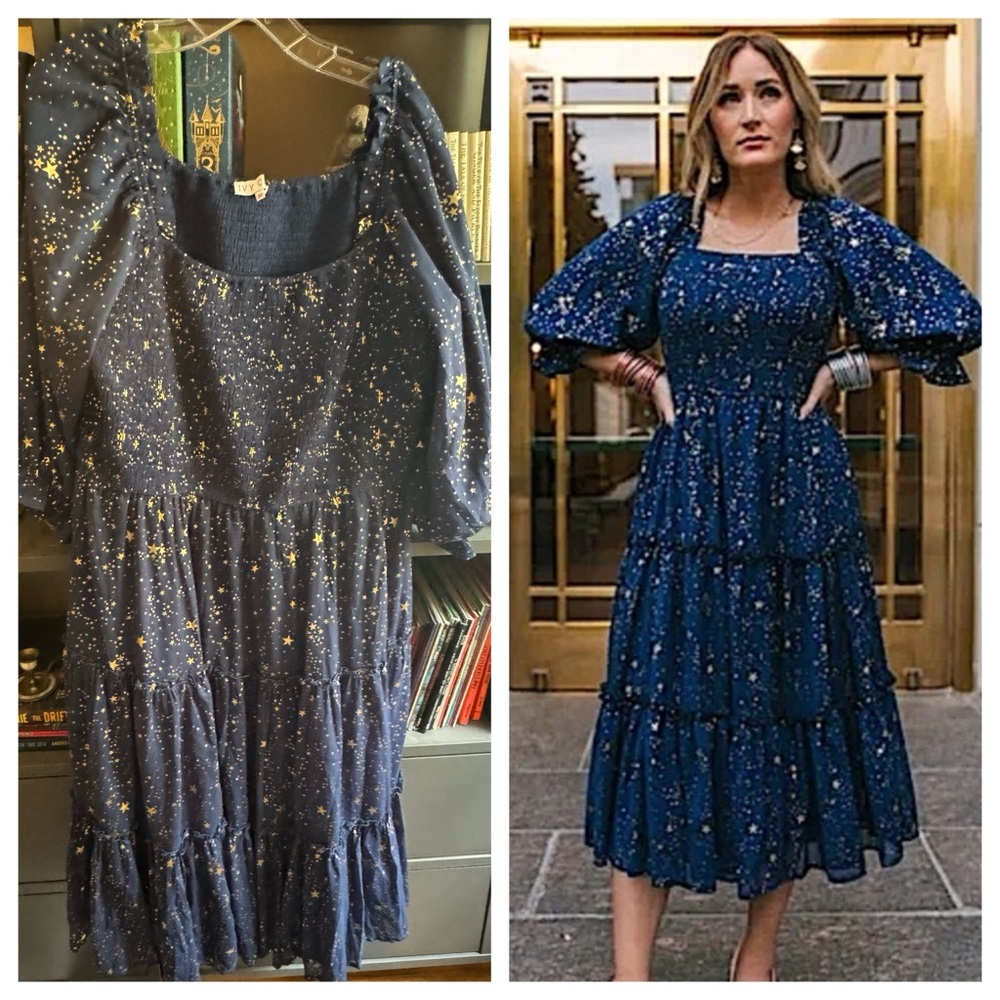 EUC Ivy City Blue and Gold Starry Nights Dress